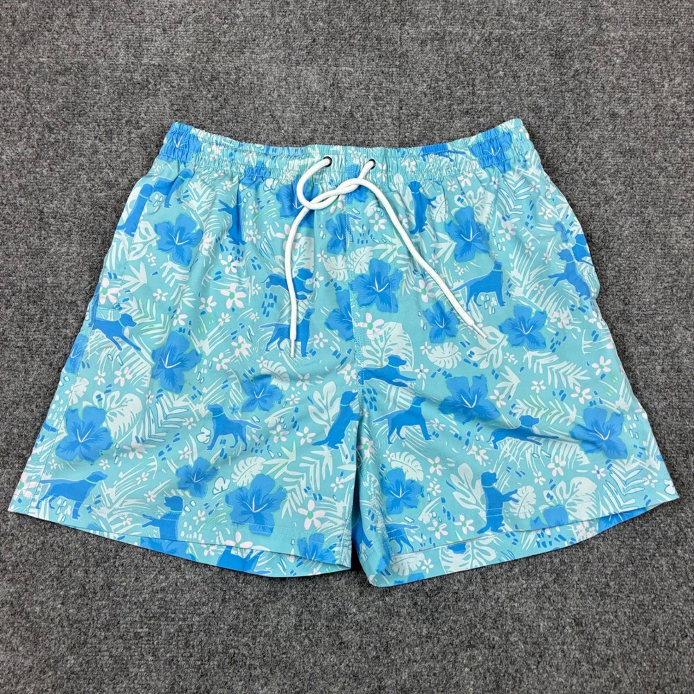 Southern Proper Mens Size Medium W32 Blue Tropical Floral Dog Print Swim Trunks
